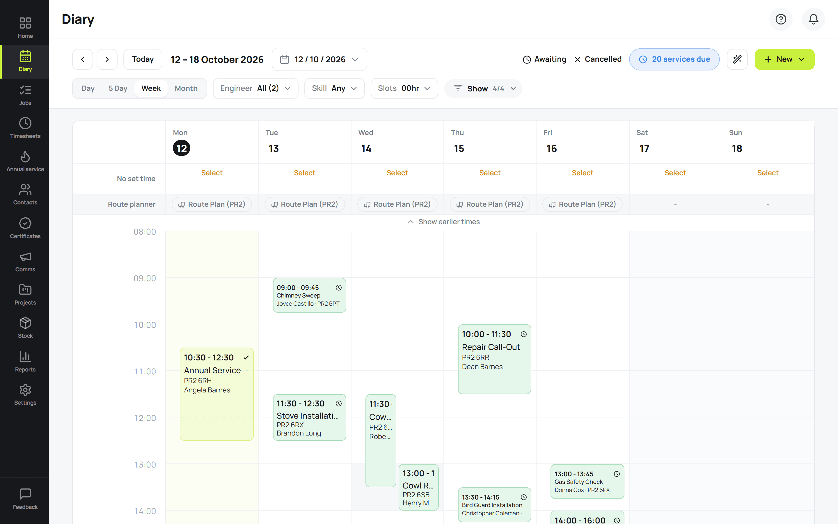 The web app diary: a full week of jobs, colour-coded by status